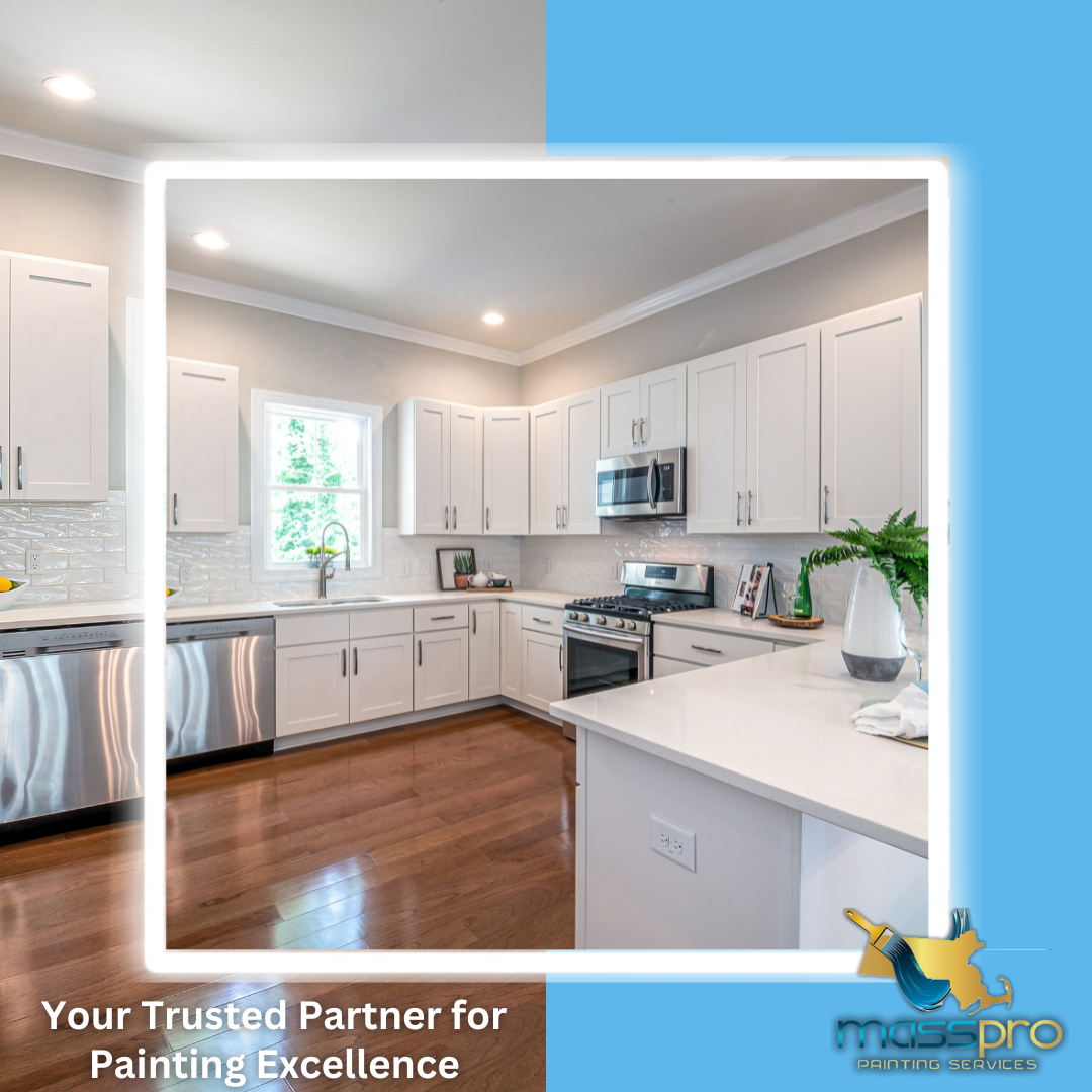 A beautifully upgraded kitchen showcasing freshly painted cabinets in a modern, sleek finish by Mass Pro Painting in Attleboro, Massachusetts.