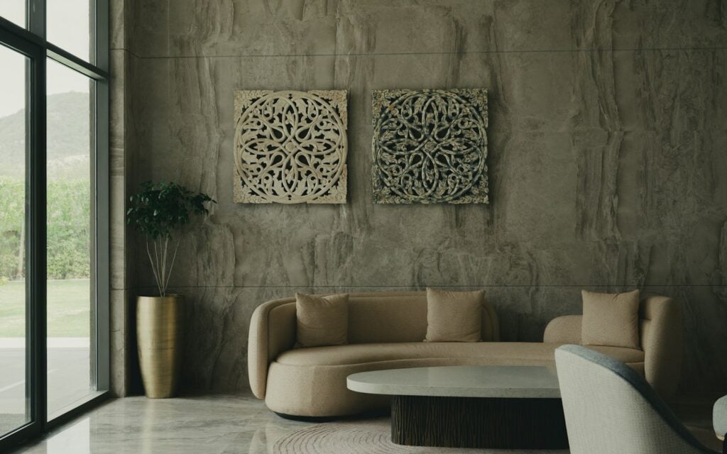 Living room with a Venetian plaster accent wall